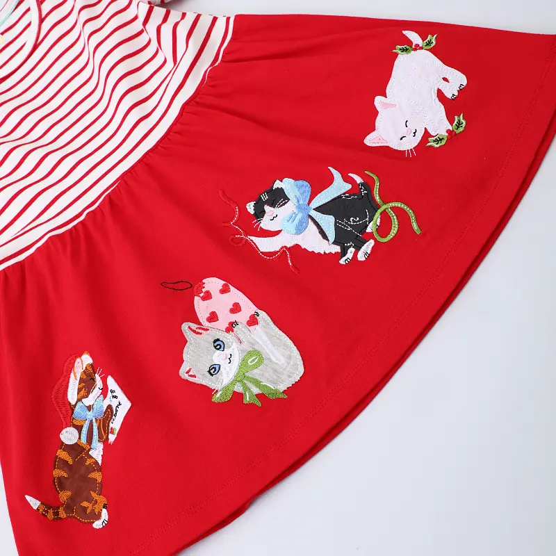 Autumn Hot Sale Red Striped Girl Birthday Party Casual Dress Cartoon Cat Girls Dresses