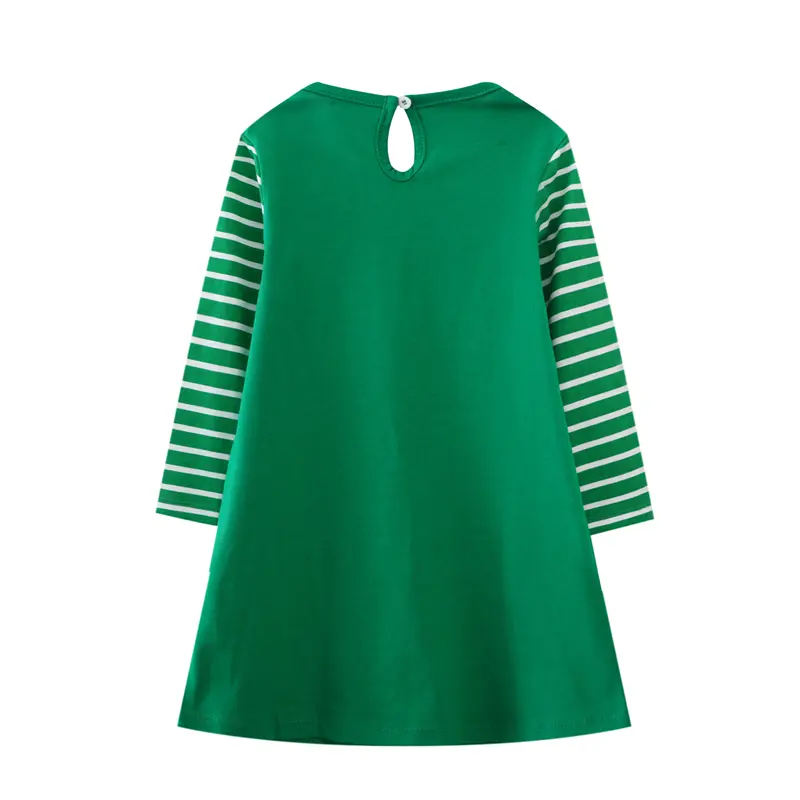 Girls' Green Dress Adorable Animal Family Embroidery, Striped Sleeves, Soft Fabric Kids Outfit