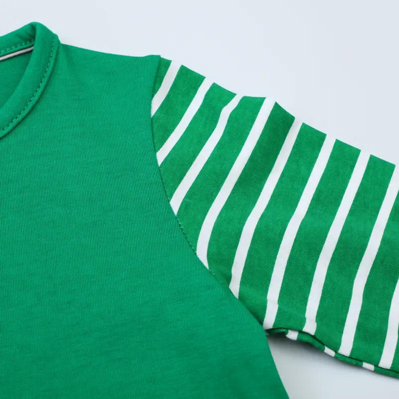 Girls' Green Dress Adorable Animal Family Embroidery, Striped Sleeves, Soft Fabric Kids Outfit