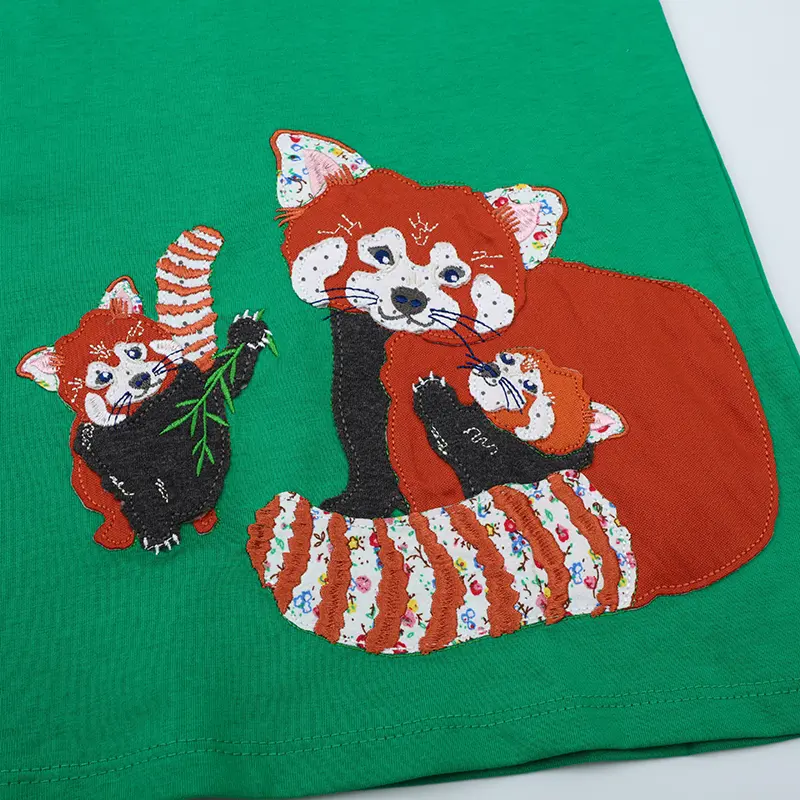 Girls' Green Dress Adorable Animal Family Embroidery, Striped Sleeves, Soft Fabric Kids Outfit