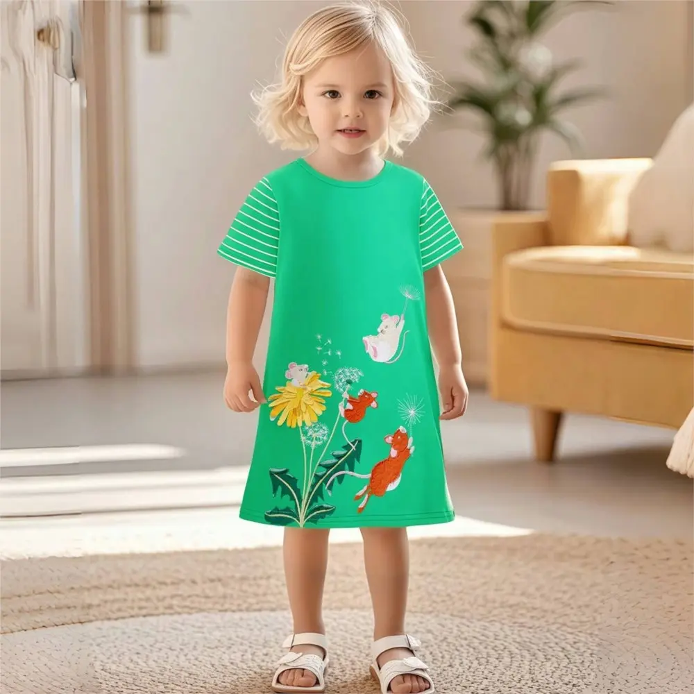 Girls' Green Short - Sleeve Dress - with Striped Sleeves and Mouse & Dandelion Embroidery - Suitable for Ages 2-7y