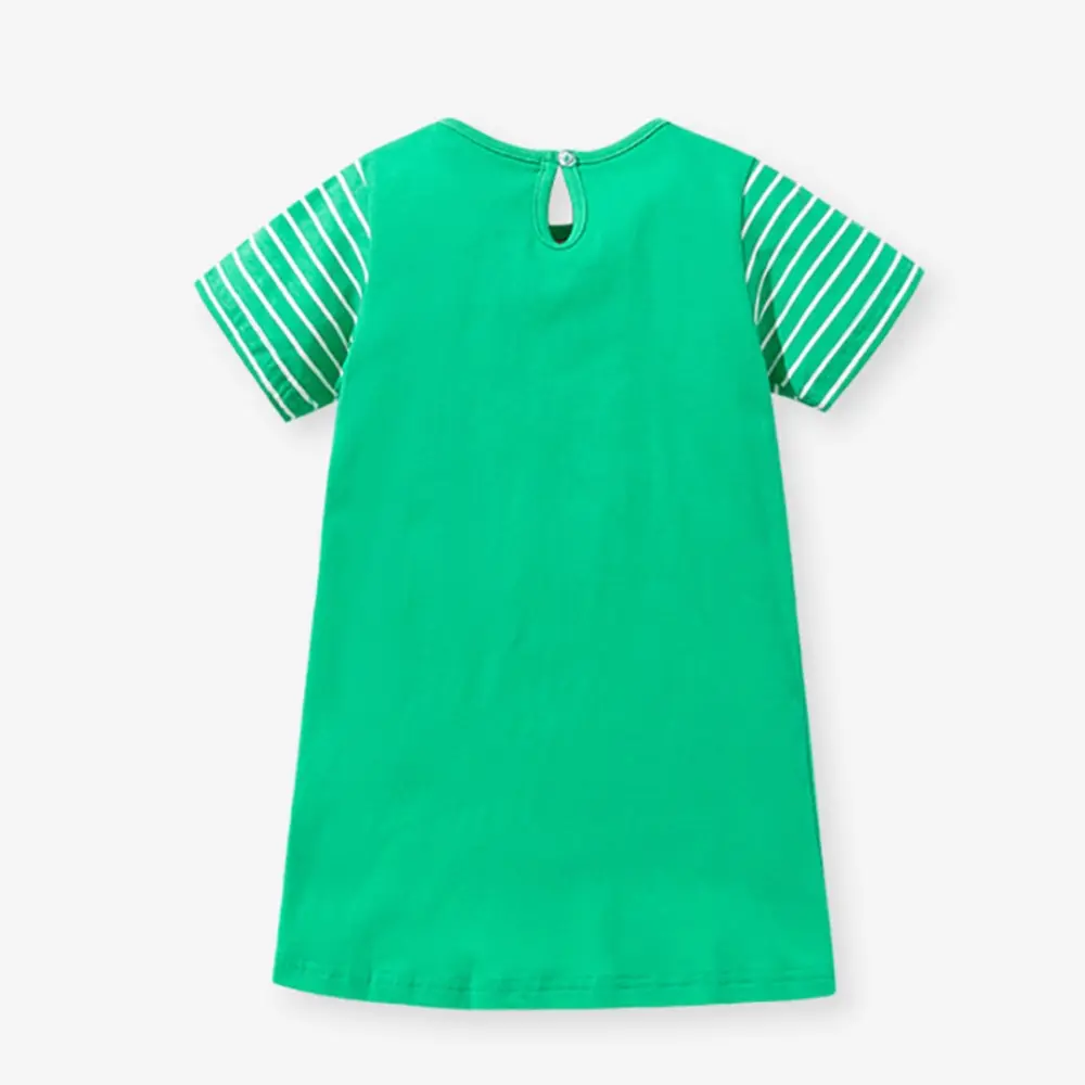 Girls' Green Short - Sleeve Dress - with Striped Sleeves and Mouse & Dandelion Embroidery - Suitable for Ages 2-7y