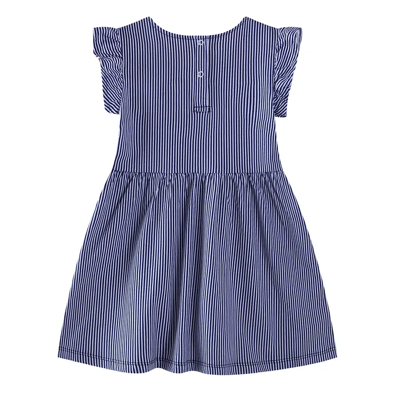 Girls' Navy Blue and White Striped Short - Sleeve Dress - with Colorful Embroidered Flower Design - Suitable for Ages 2-7y