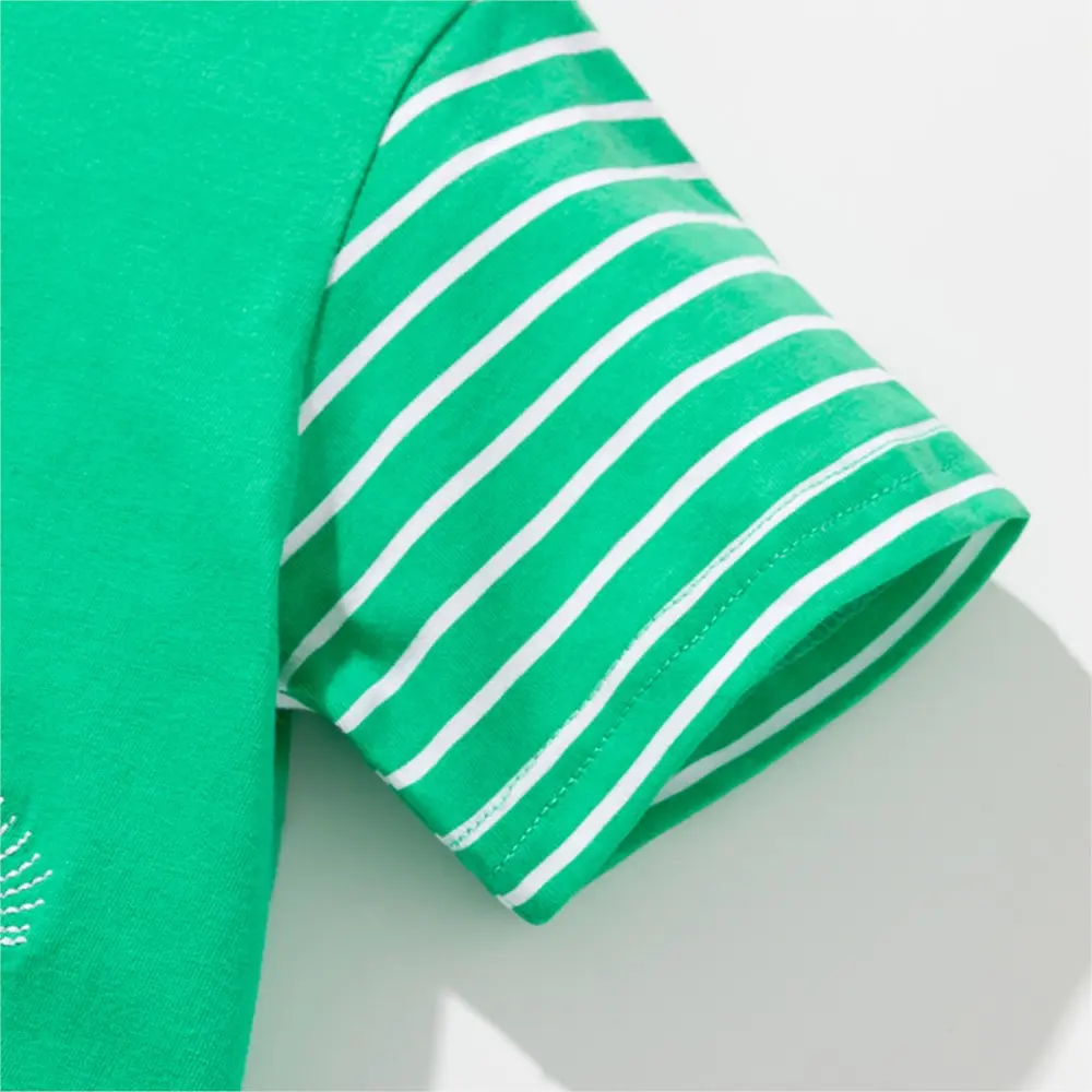 Girls' Green Short - Sleeve Dress - with Striped Sleeves and Mouse & Dandelion Embroidery - Suitable for Ages 2-7y