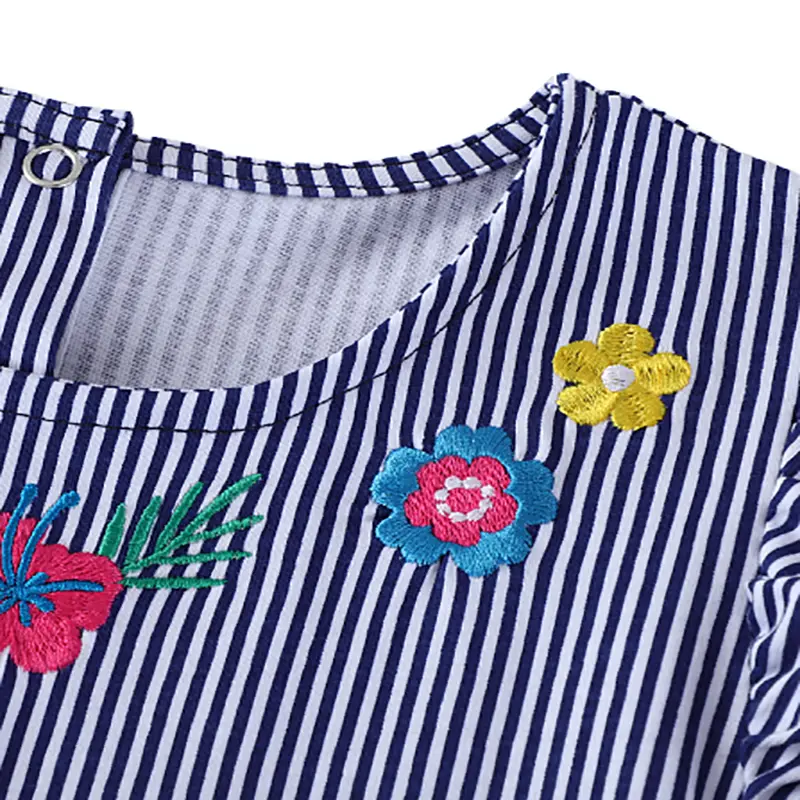 Girls' Navy Blue and White Striped Short - Sleeve Dress - with Colorful Embroidered Flower Design - Suitable for Ages 2-7y
