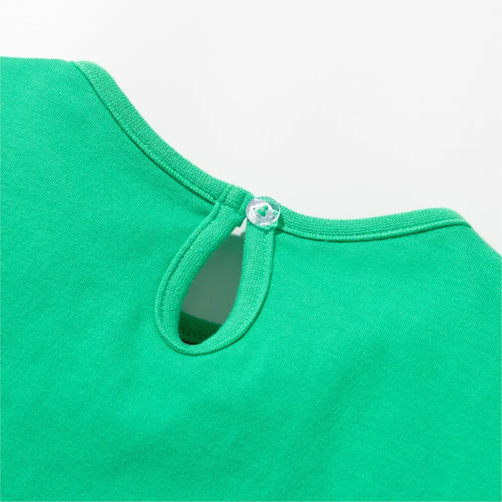 Girls' Green Short - Sleeve Dress - with Striped Sleeves and Mouse & Dandelion Embroidery - Suitable for Ages 2-7y
