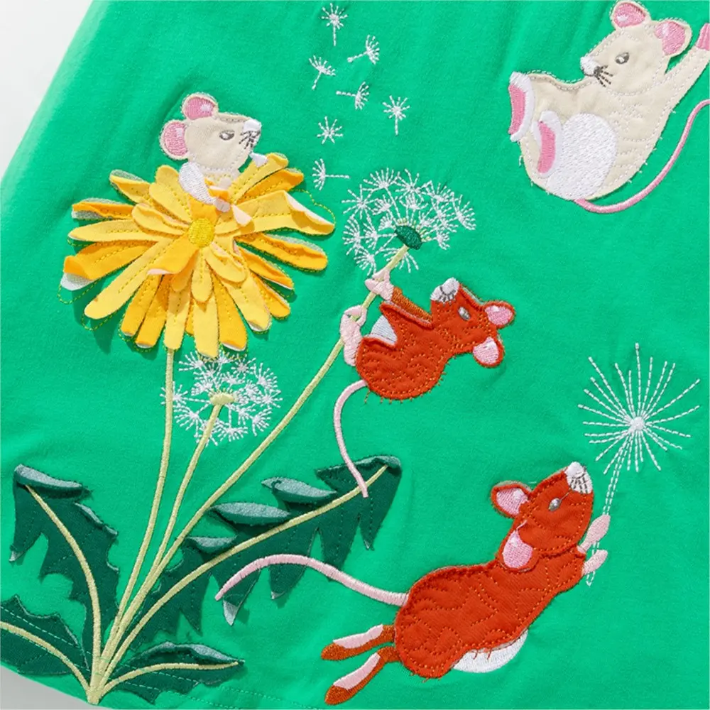 Girls' Green Short - Sleeve Dress - with Striped Sleeves and Mouse & Dandelion Embroidery - Suitable for Ages 2-7y