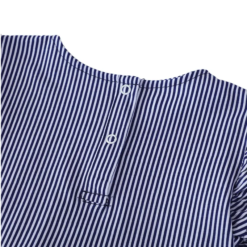 Girls' Navy Blue and White Striped Short - Sleeve Dress - with Colorful Embroidered Flower Design - Suitable for Ages 2-7y