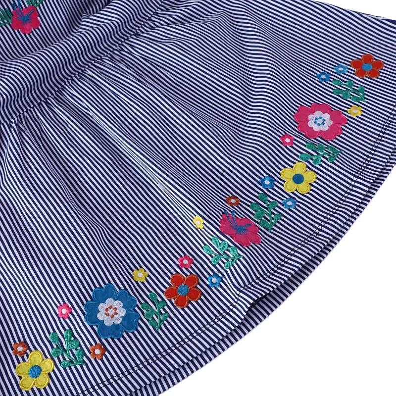 Girls' Navy Blue and White Striped Short - Sleeve Dress - with Colorful Embroidered Flower Design - Suitable for Ages 2-7y