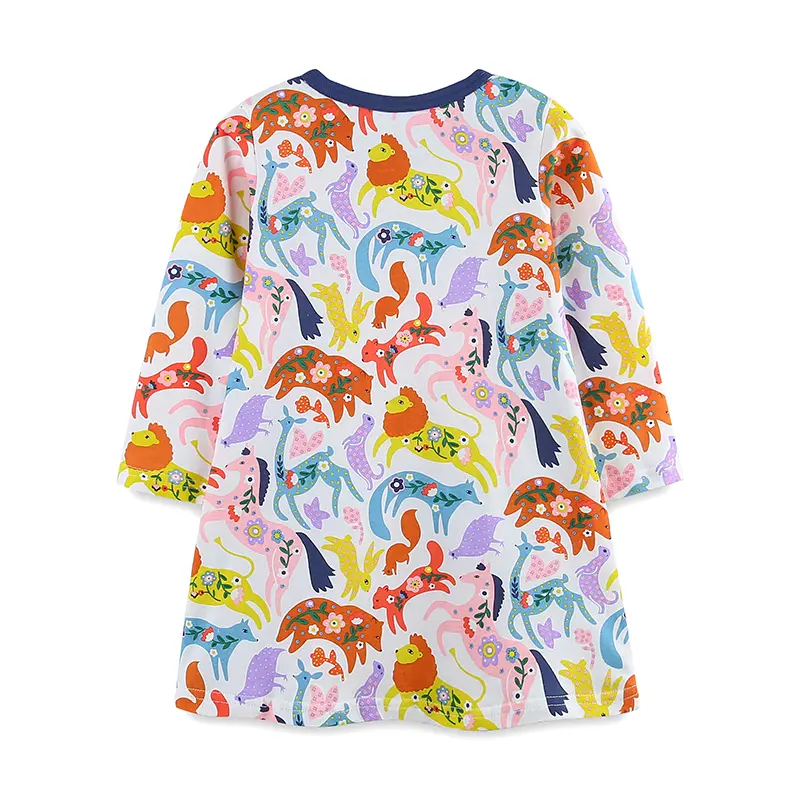 Girls' Long - Sleeve Dress - with Colorful Animal All - over Print and Navy Blue Striped Pockets - Suitable for Ages 2-7y