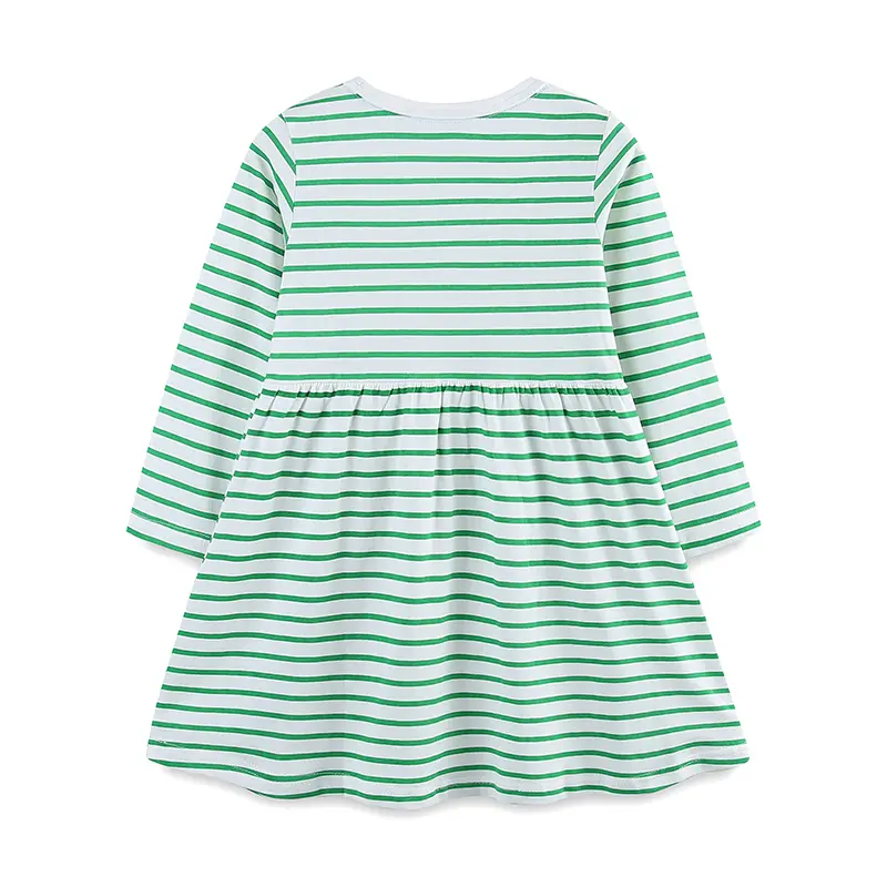 Girls Long Sleeve Green and White Striped Toddler Dress with Colorful Floral Pocket Designs Trendy and Adorable