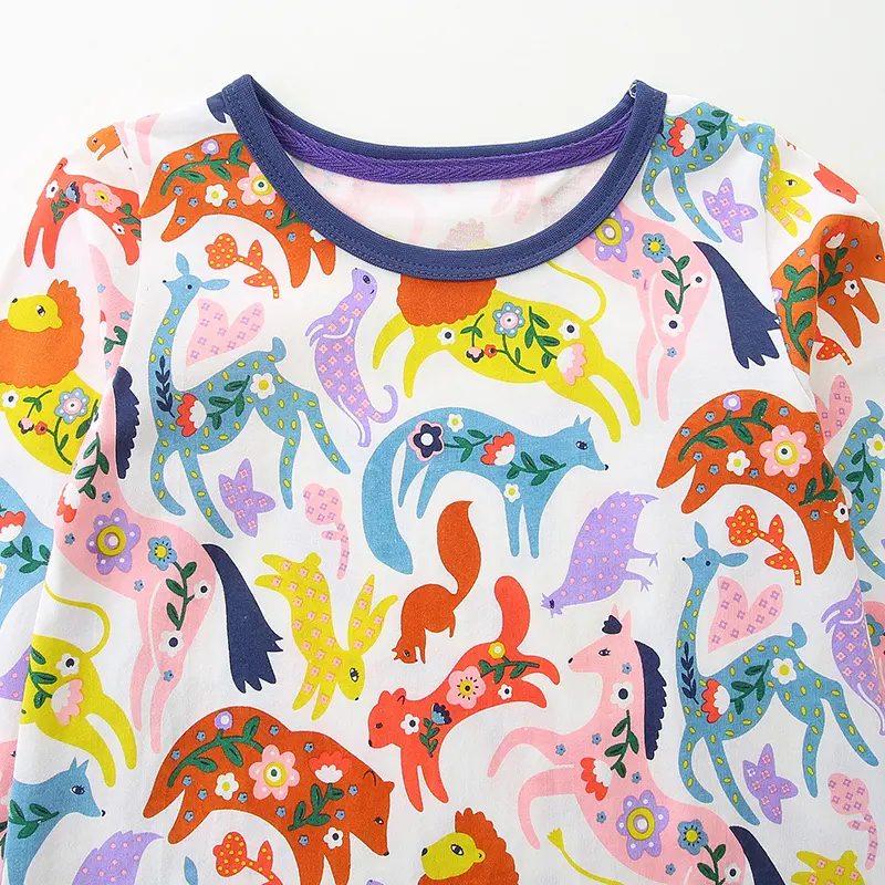 Girls' Long - Sleeve Dress - with Colorful Animal All - over Print and Navy Blue Striped Pockets - Suitable for Ages 2-7y