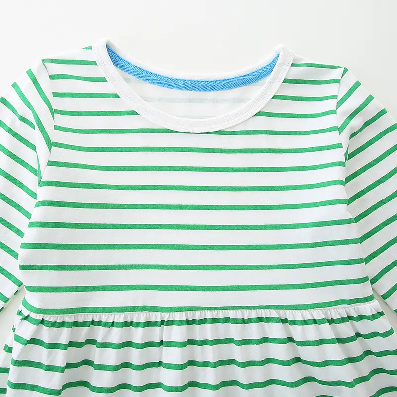 Girls Long Sleeve Green and White Striped Toddler Dress with Colorful Floral Pocket Designs Trendy and Adorable