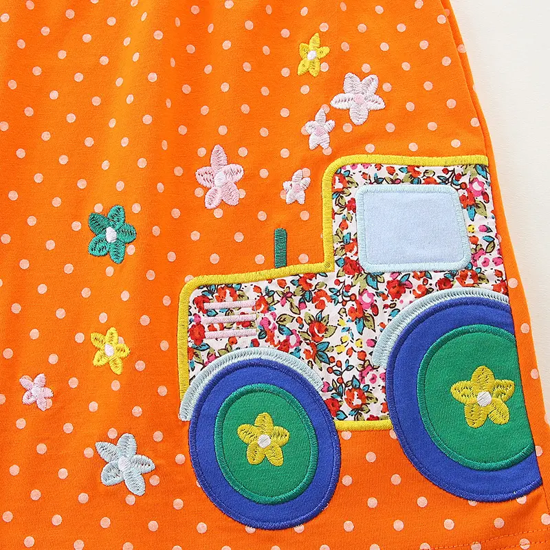 Girls' Orange Polka Dot Dress Adorable Tractor Embroidery Soft and Comfortable Fabric Toddler Kids Dress