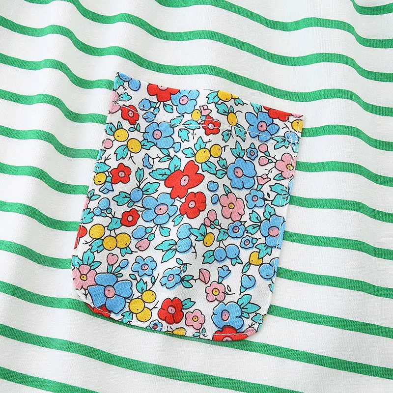 Girls Long Sleeve Green and White Striped Toddler Dress with Colorful Floral Pocket Designs Trendy and Adorable