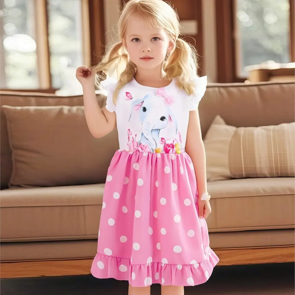 Girls' Short - Sleeve Dress - White Top with Elephant Print and Pink Polka - Dot Ruffled Bottom - Suitable for Ages 2-7y