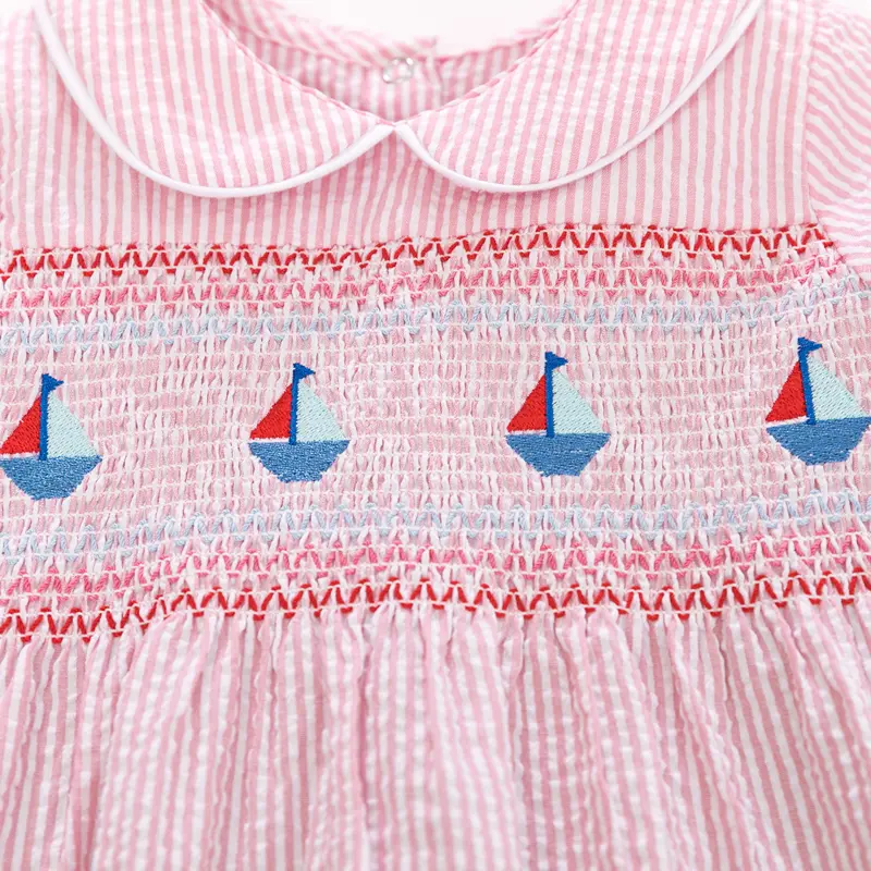 2-7y Baby Dresses Summer New Short Sleeve Boat Printed Children Clothes Sweet Pink Style