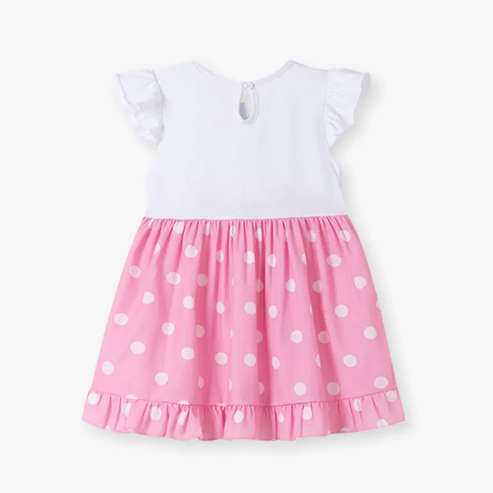 Girls' Short - Sleeve Dress - White Top with Elephant Print and Pink Polka - Dot Ruffled Bottom - Suitable for Ages 2-7y