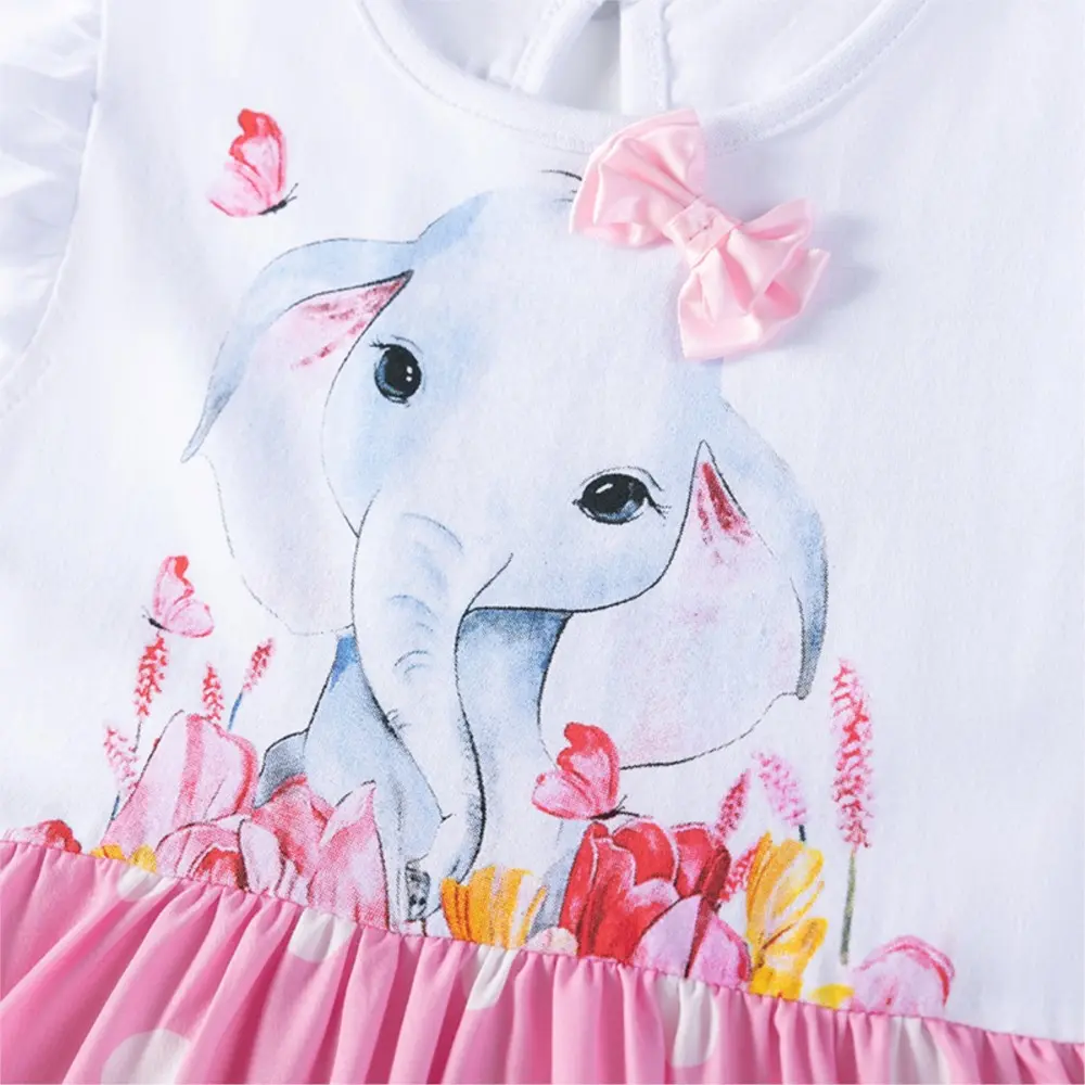 Girls' Short - Sleeve Dress - White Top with Elephant Print and Pink Polka - Dot Ruffled Bottom - Suitable for Ages 2-7y