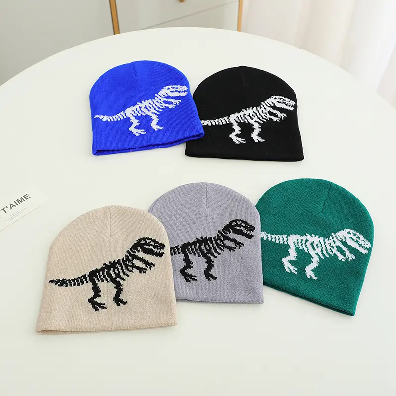 Dinosaur Patterned Knit Beanies for Kids in Multiple Colors Children Outdoor Caps