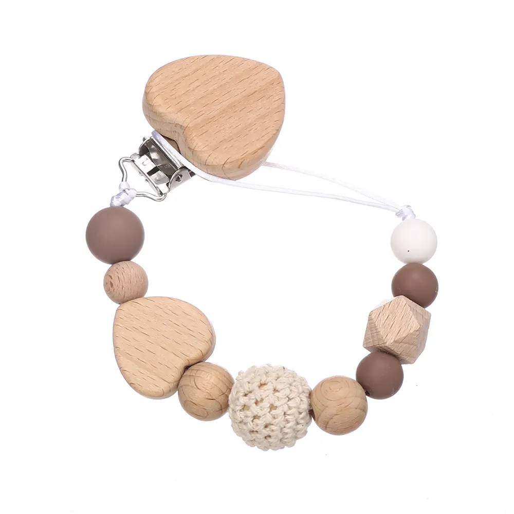 Heart Beech Wood Baby Pacifier Clip Silicone Round Octagonal Nipple Chain For Nursing Teether Chew Toy Dummy Holder Chain