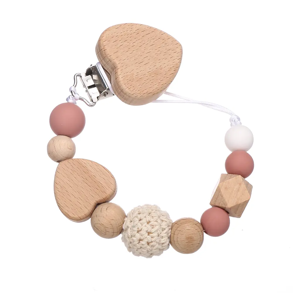 Heart Beech Wood Baby Pacifier Clip Silicone Round Octagonal Nipple Chain For Nursing Teether Chew Toy Dummy Holder Chain