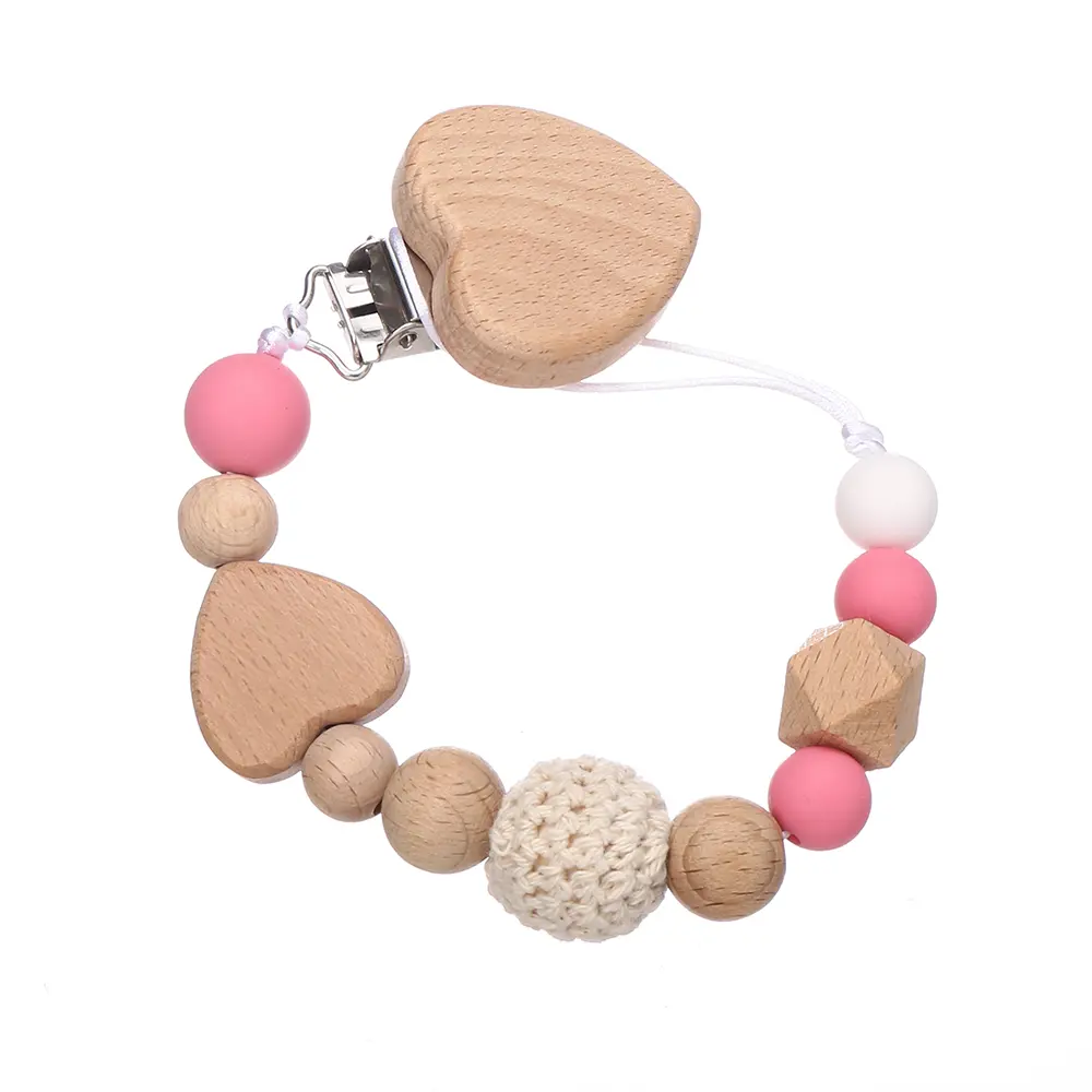 Heart Beech Wood Baby Pacifier Clip Silicone Round Octagonal Nipple Chain For Nursing Teether Chew Toy Dummy Holder Chain