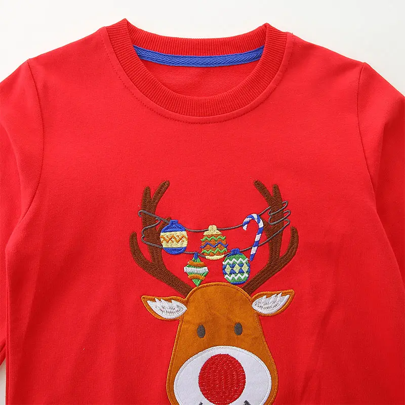 Kids' Red Christmas Themed Sweatshirt Adorable Reindeer Design with Festive Decorations
