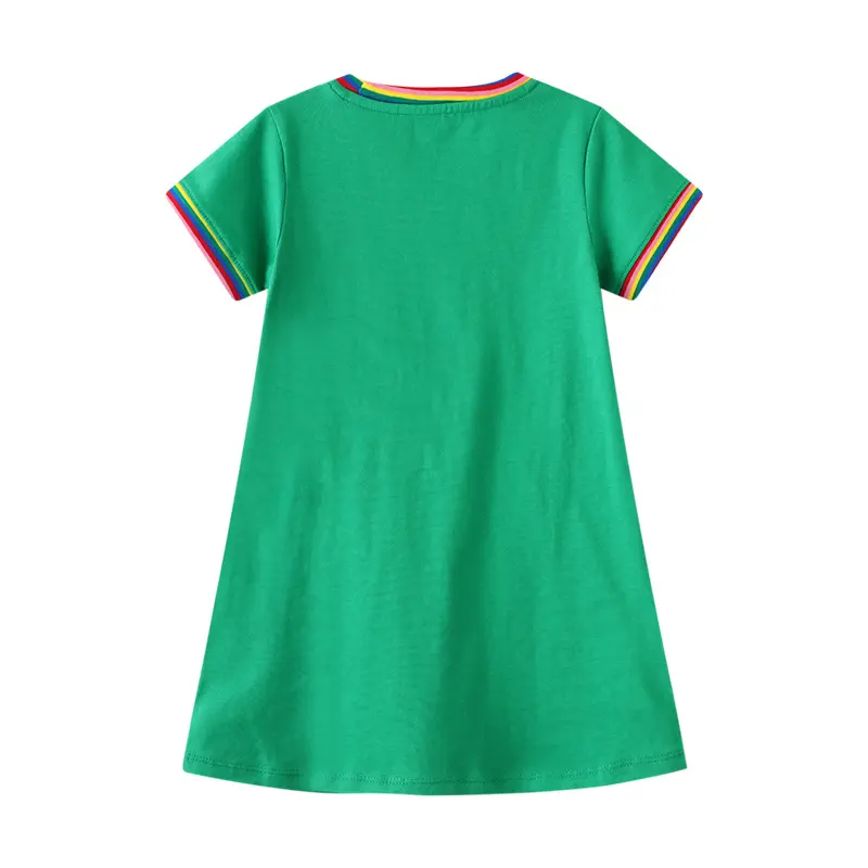 Girls' Green Short Sleeve Dress with Rainbow - trimmed Collar and Sleeves, and Embroidered Cat Designs Suitable for Ages 2-7y