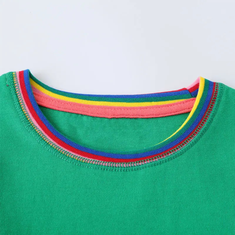 Girls' Green Short Sleeve Dress with Rainbow - trimmed Collar and Sleeves, and Embroidered Cat Designs Suitable for Ages 2-7y