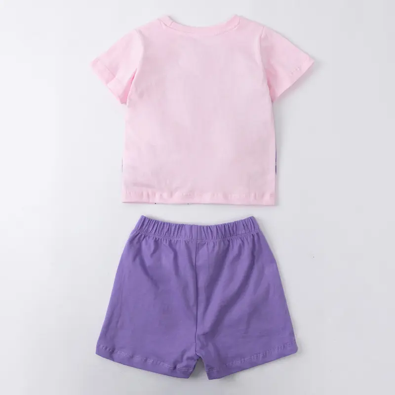 2Pcs Kids' Unicorn Themed Short Sleeve Pink T-shirt & Purple Shorts Set Adorable and Trendy