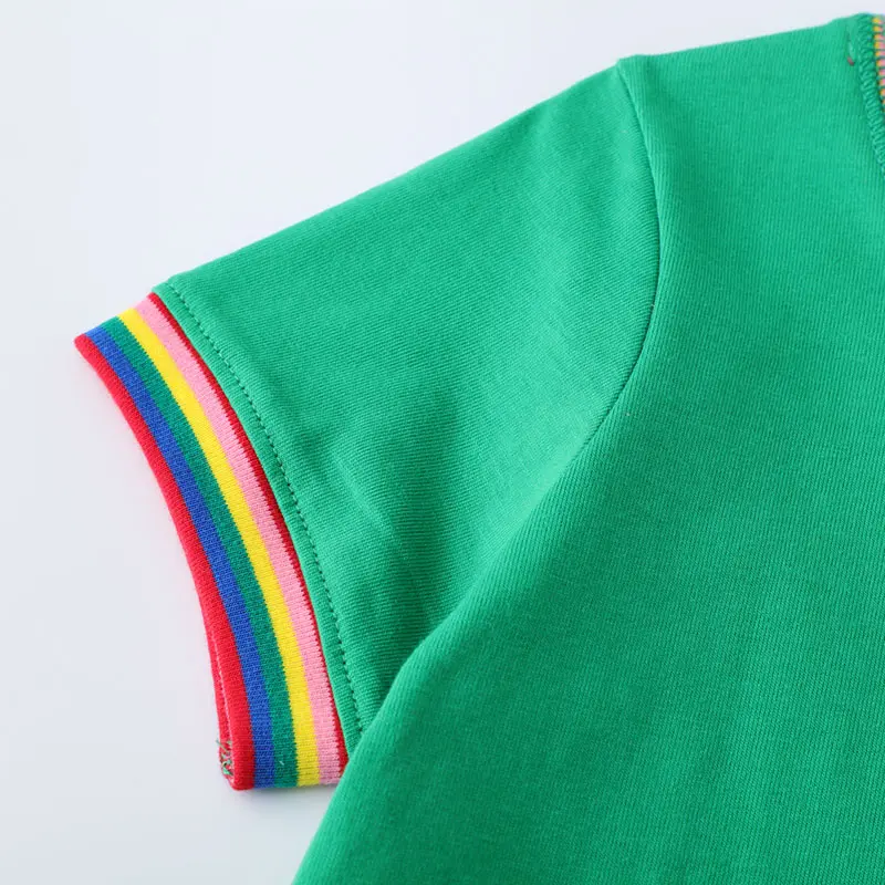 Girls' Green Short Sleeve Dress with Rainbow - trimmed Collar and Sleeves, and Embroidered Cat Designs Suitable for Ages 2-7y