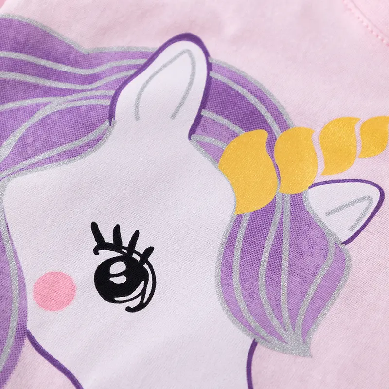 2Pcs Kids' Unicorn Themed Short Sleeve Pink T-shirt & Purple Shorts Set Adorable and Trendy