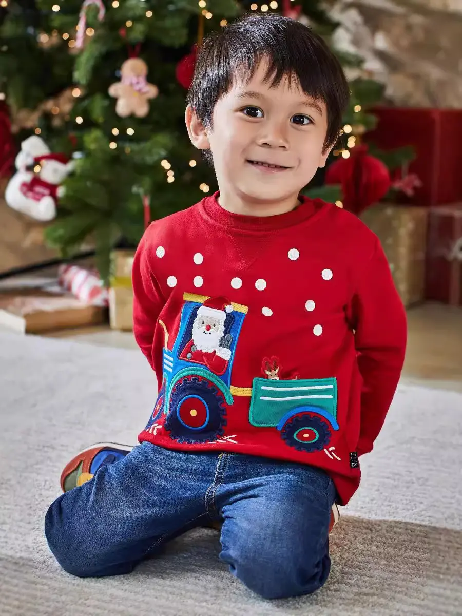 Boys' Christmas Themed Kids' Red Pullover Sweatshirt Santa Driving a Tractor Print, Snowflake Details