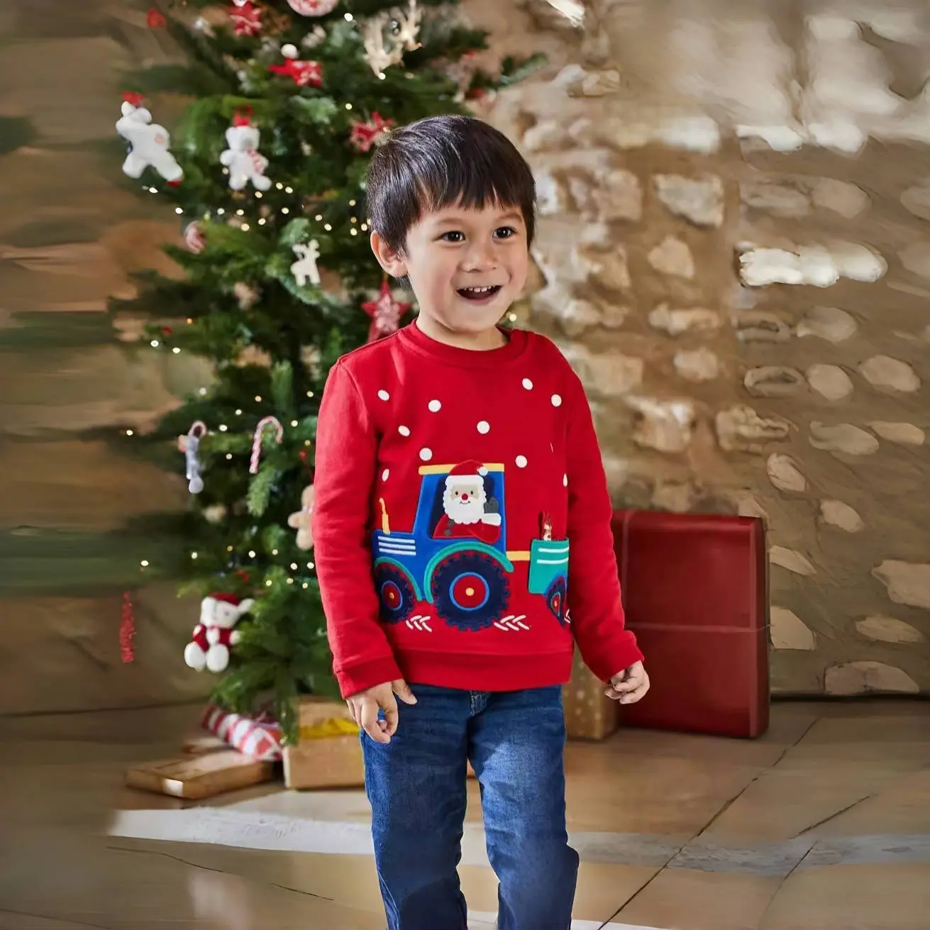 Boys' Christmas Themed Kids' Red Pullover Sweatshirt Santa Driving a Tractor Print, Snowflake Details