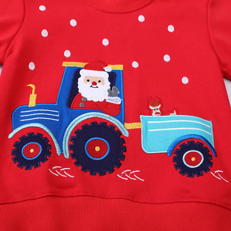 Boys' Christmas Themed Kids' Red Pullover Sweatshirt Santa Driving a Tractor Print, Snowflake Details