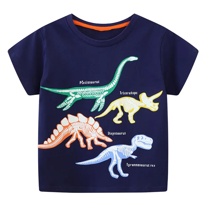 Boys' Navy Blue Short Sleeve T - shirt with Dinosaur Skeleton Print Suitable for Ages 2-7t