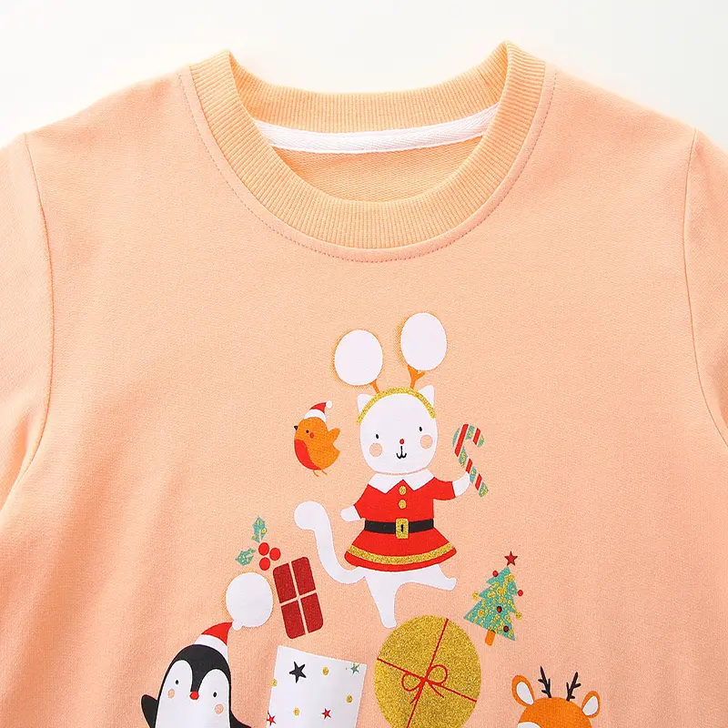 Children's Long Sleeve Pullover Kids' Peach Colored Christmas Themed Sweatshirt Adorable Animal & Gift Graphics