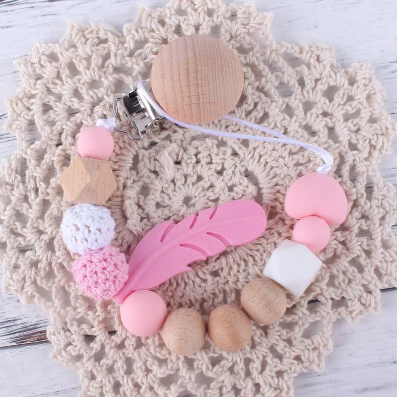Baby Silicone Feather Bead Pacifier Chain Solid Color Nipple Holder Baby Accessories Cute Infant Kids Pacifier Clips
