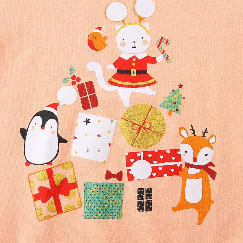 Children's Long Sleeve Pullover Kids' Peach Colored Christmas Themed Sweatshirt Adorable Animal & Gift Graphics