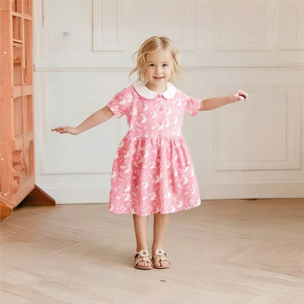 Girls' Pink Short - Sleeve Dress - with White Bunny Print, Peter Pan Collar and Pockets - Suitable for Ages 2-7y
