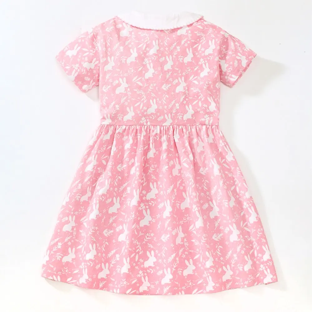 Girls' Pink Short - Sleeve Dress - with White Bunny Print, Peter Pan Collar and Pockets - Suitable for Ages 2-7y