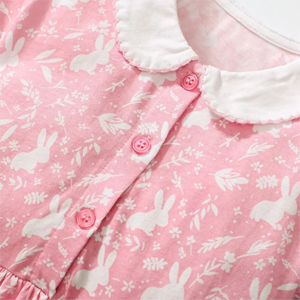 Girls' Pink Short - Sleeve Dress - with White Bunny Print, Peter Pan Collar and Pockets - Suitable for Ages 2-7y