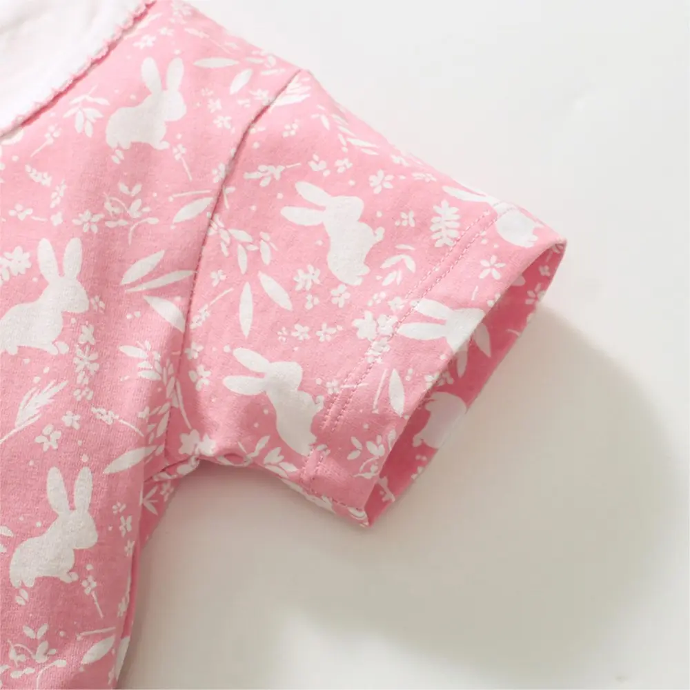 Girls' Pink Short - Sleeve Dress - with White Bunny Print, Peter Pan Collar and Pockets - Suitable for Ages 2-7y