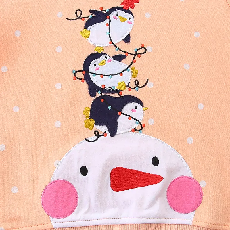 Autumn Spring Girls' Orange Sweatshirt Festive Snowman & Penguin Print, Long Sleeve & Cozy 2-7T
