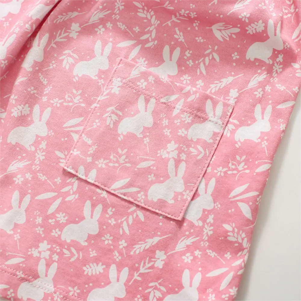 Girls' Pink Short - Sleeve Dress - with White Bunny Print, Peter Pan Collar and Pockets - Suitable for Ages 2-7y