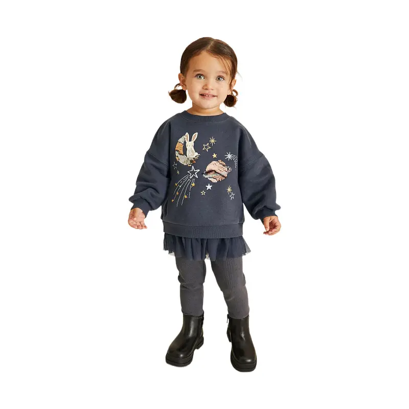 Autumn Girls Gray Sweatshirt Enchanting Bunny on Moon Embroidery Stars & Cloud Design Clothes