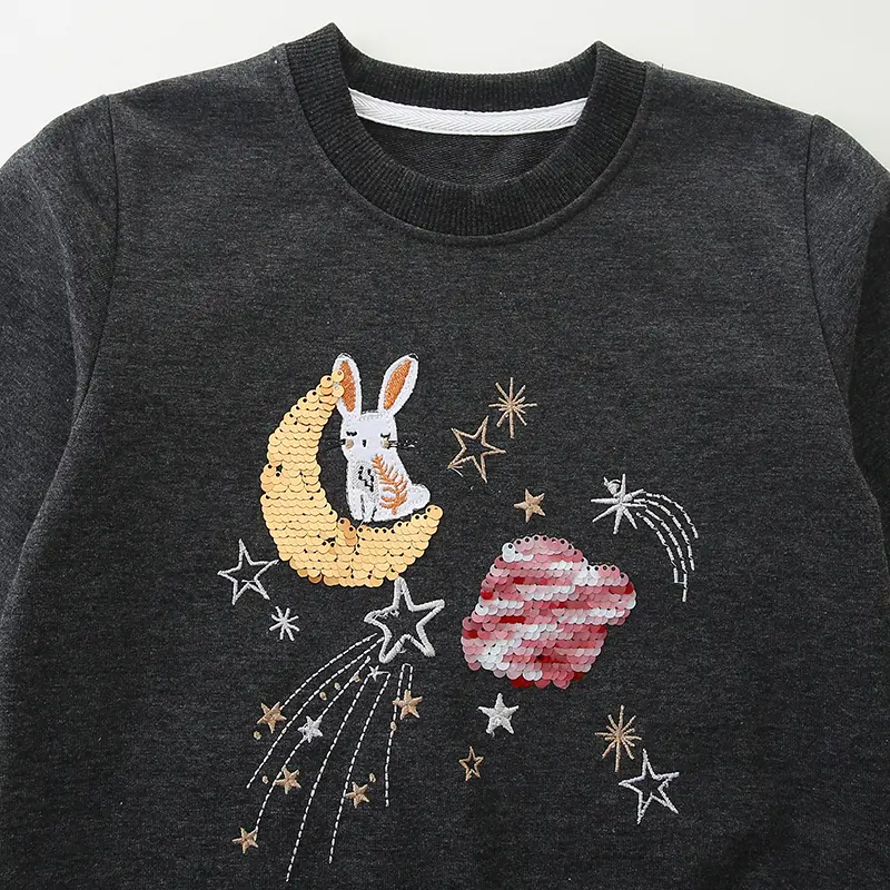 Autumn Girls Gray Sweatshirt Enchanting Bunny on Moon Embroidery Stars & Cloud Design Clothes
