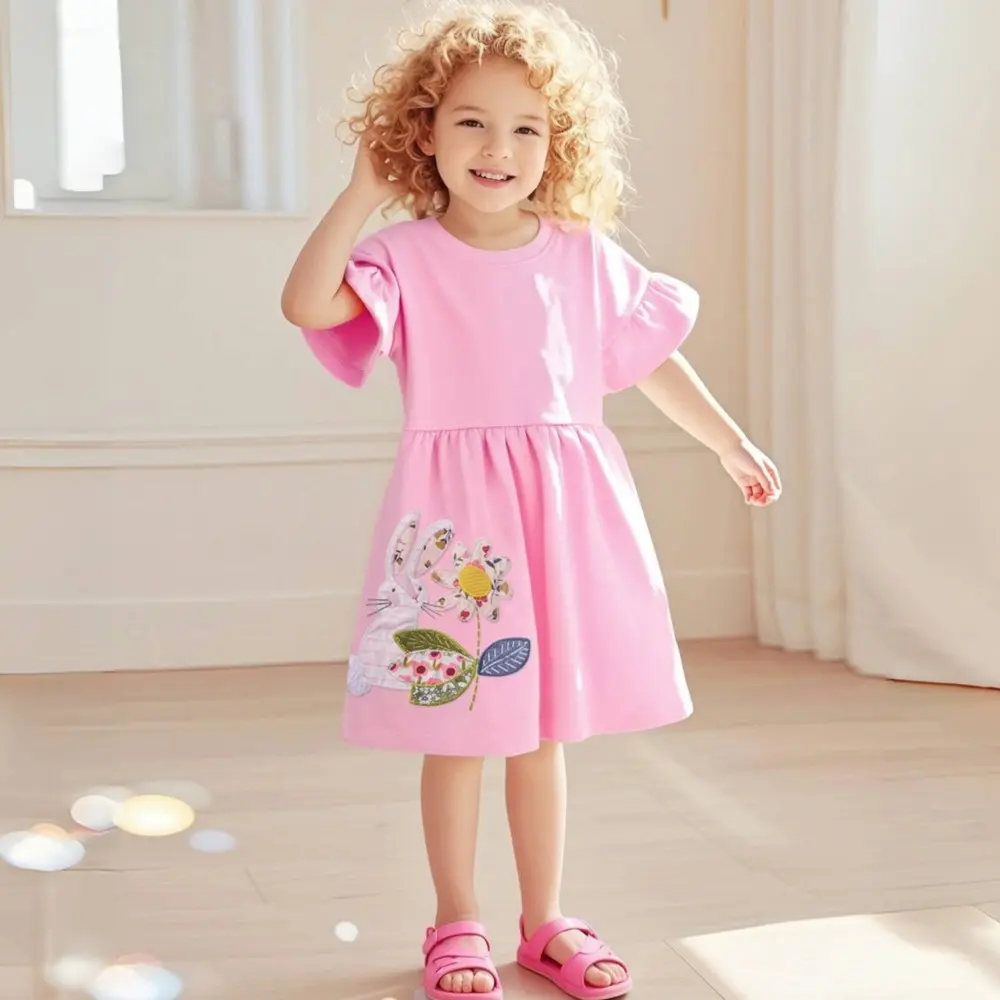 Girls' Pink Short - Sleeve Dress with Flutter Sleeves - Embroidered Bunny and Flower Design - Suitable for Ages 2-7 Years