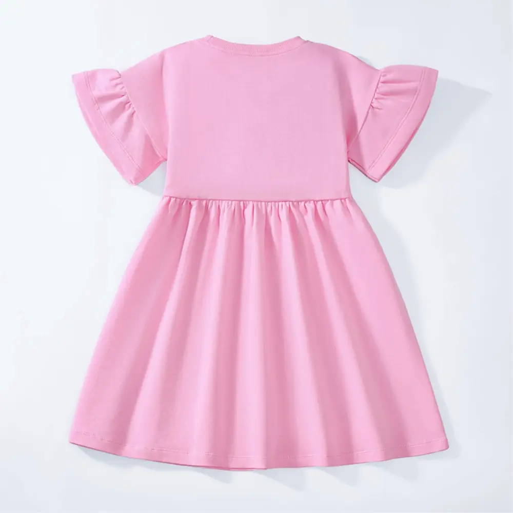 Girls' Pink Short - Sleeve Dress with Flutter Sleeves - Embroidered Bunny and Flower Design - Suitable for Ages 2-7 Years